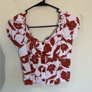 Monteau Los Angeles burnt orange & white floral puff sleeve button-front crop M